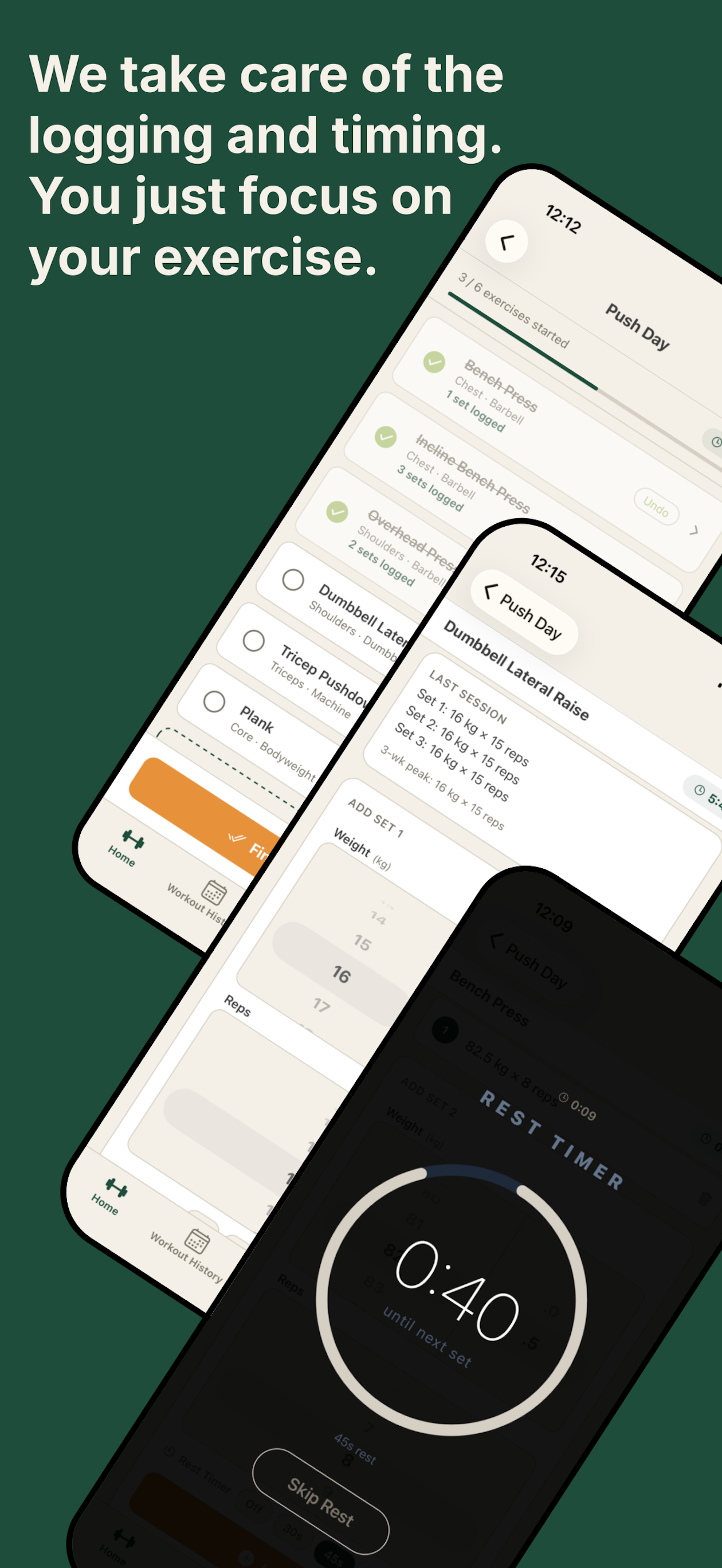 TENACE workout logging screen with rest timer and set tracking