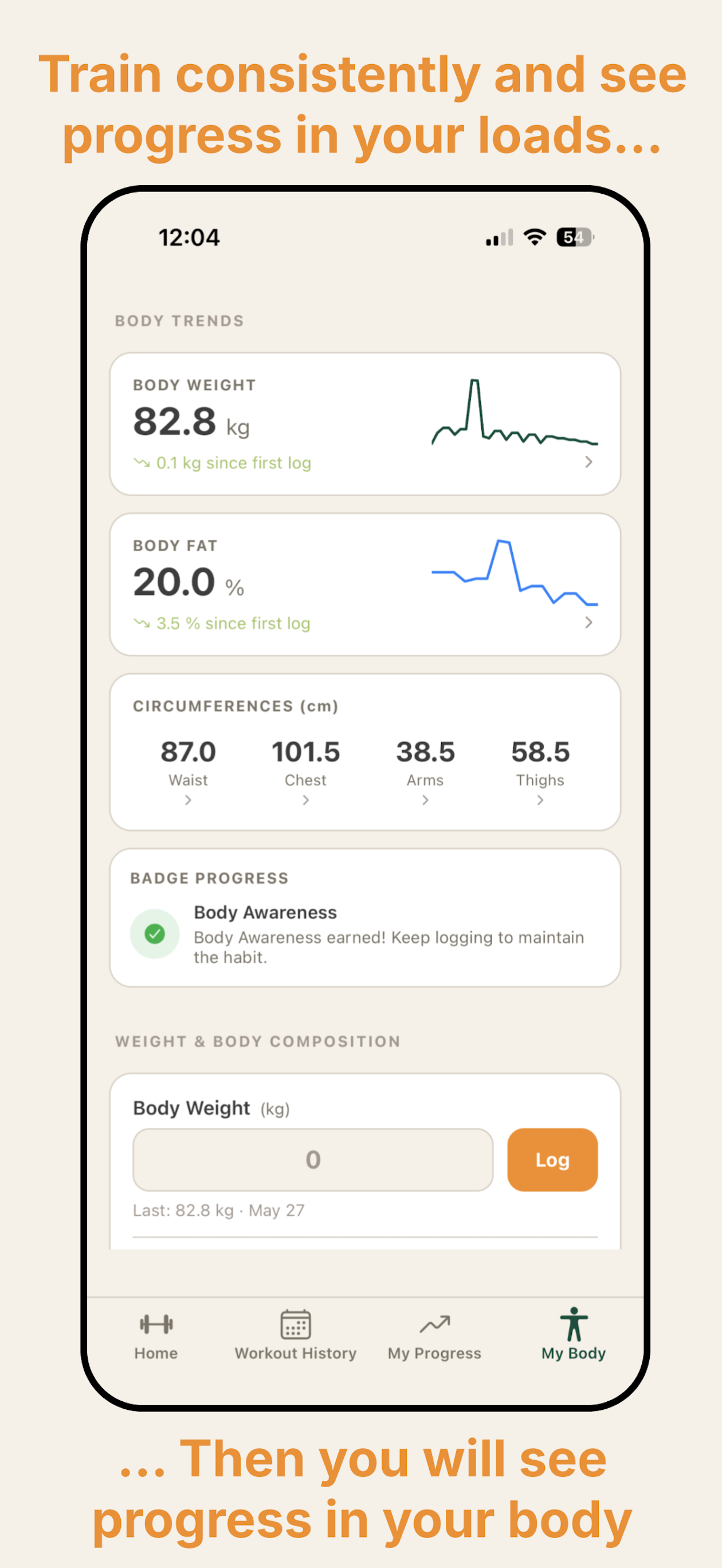 TENACE body tracking screen showing weight, body fat and circumference trends
